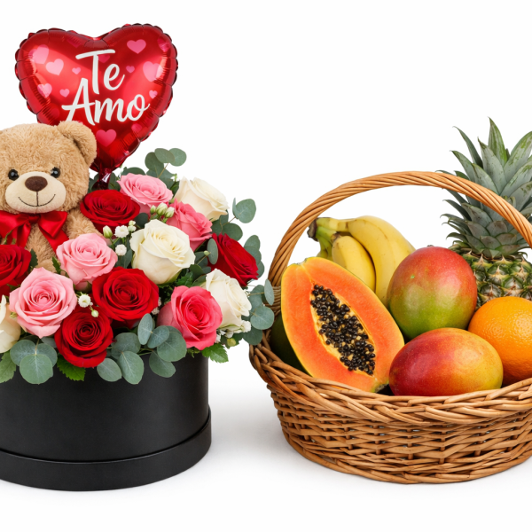 Amor en Caja con Flores y Frutas