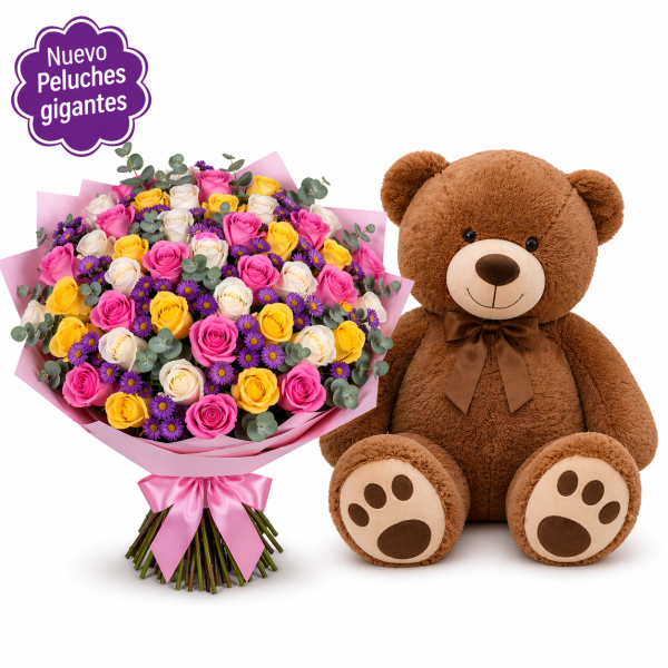 48 rosas surtidas con Teddy Gigante