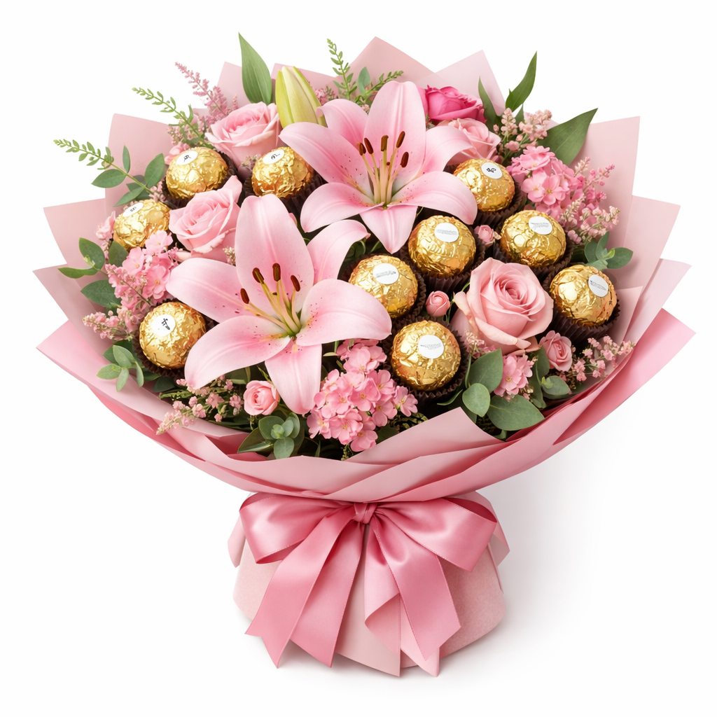 Pink flowers and gold chocolates bouquet