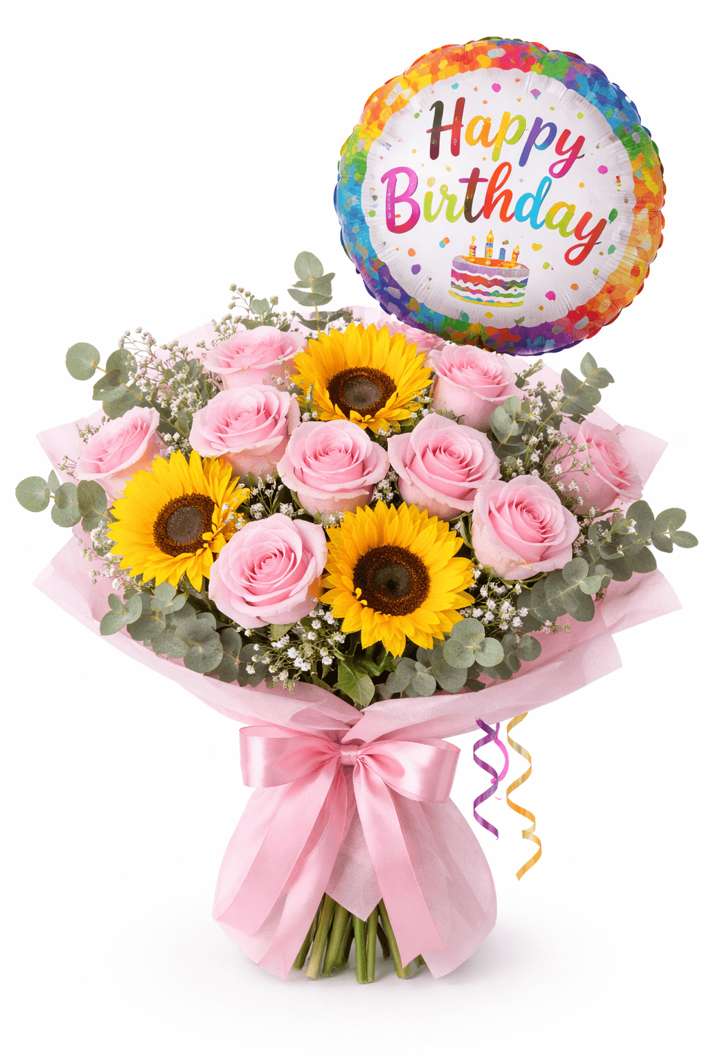 Birthday bouquet with roses and sunflowers (1)