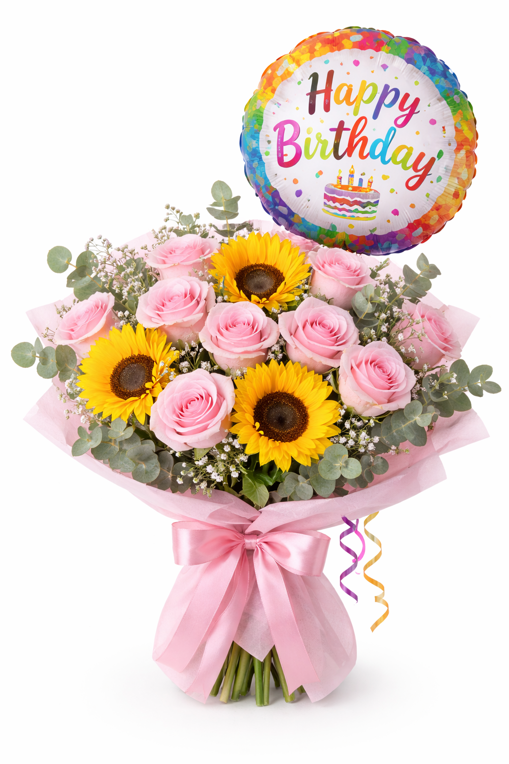 Birthday bouquet with roses and sunflowers