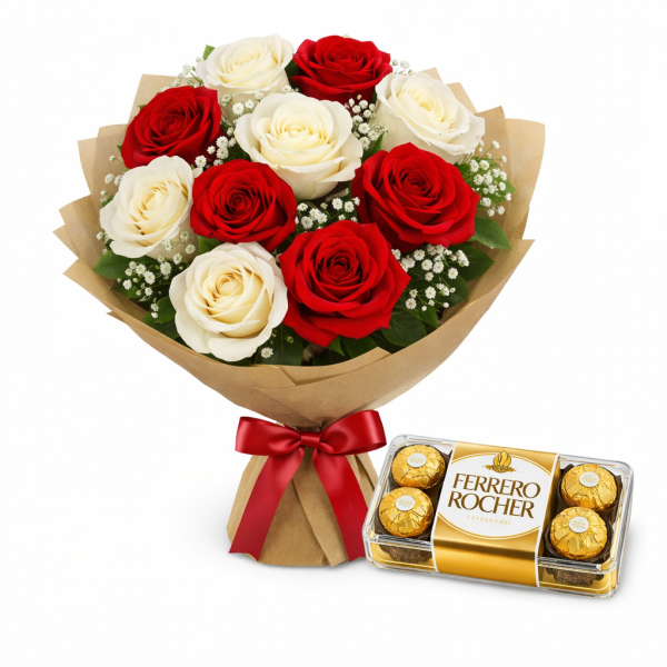 Arreglo Clásico de 12 Rosas con 8 Ferrero Rocher