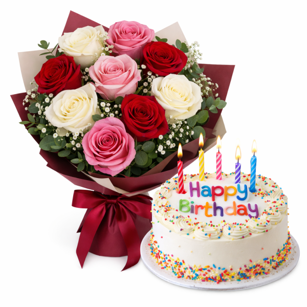 Ramillete de Rosas con Torta de Cumpleaños