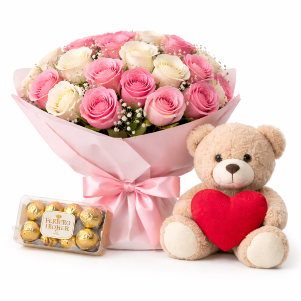 24 Rosas Rosadas y Blancas con Ferrero Rocher y Peluche
