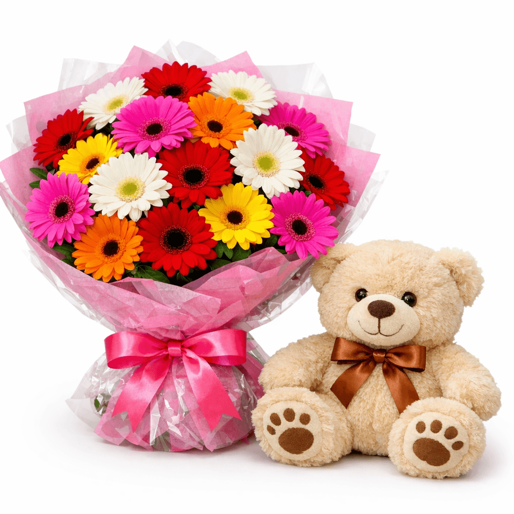 Colorful daisy bouquet with teddy bear (1)
