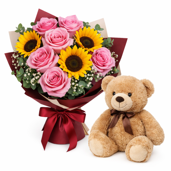 Arreglo Radiante de Girasoles y Rosas Rosadas con Peluche